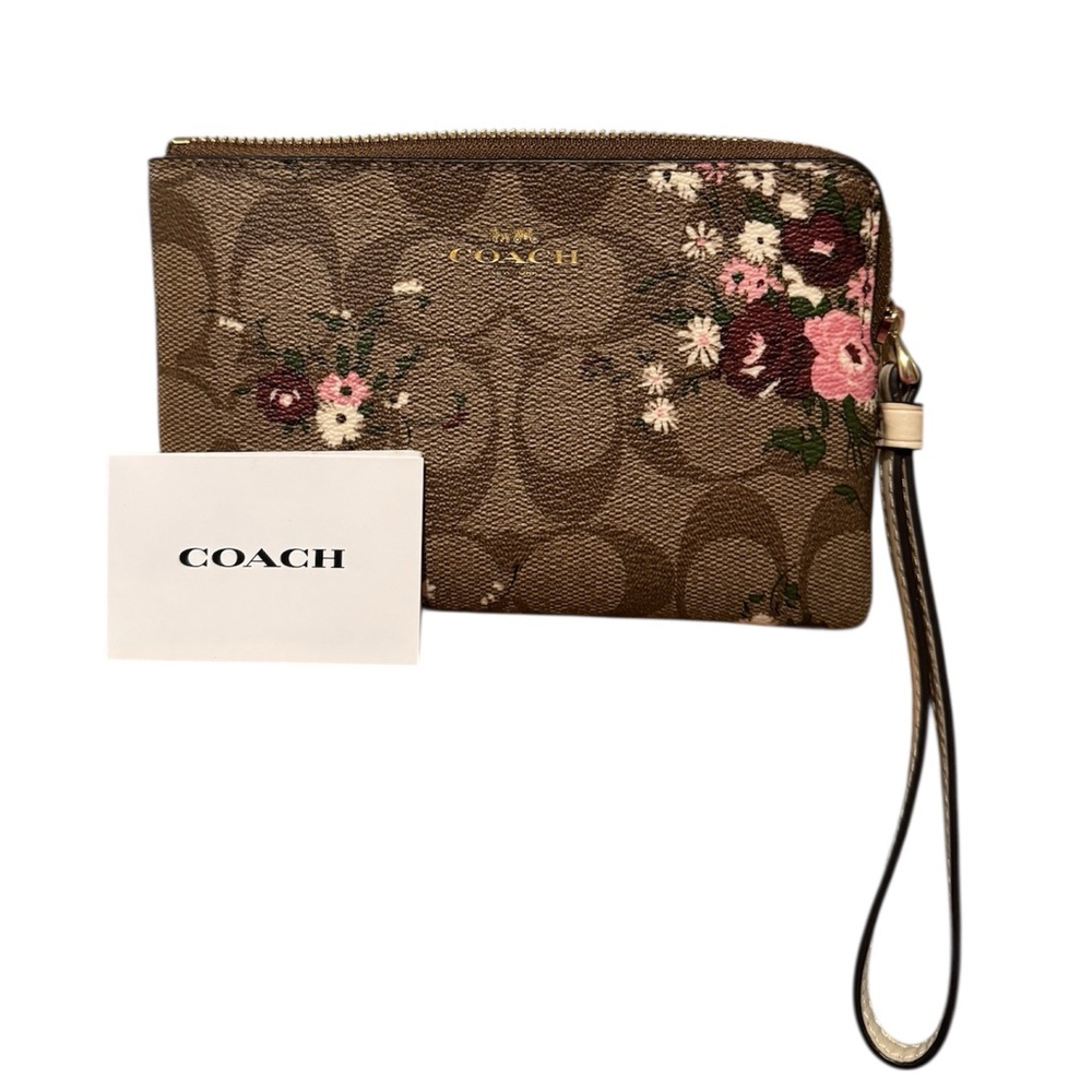 Coach Corner Zip Wristlet in Signature Coated Canvas Evergreen Floral Print